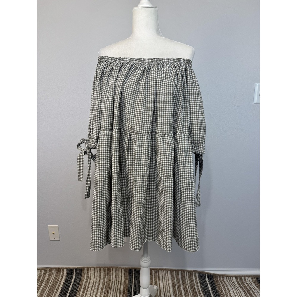 ASOS DESIGN Dress Women's 8 Brown Gingham Off Shoulder Long Sleeve Boho Swing